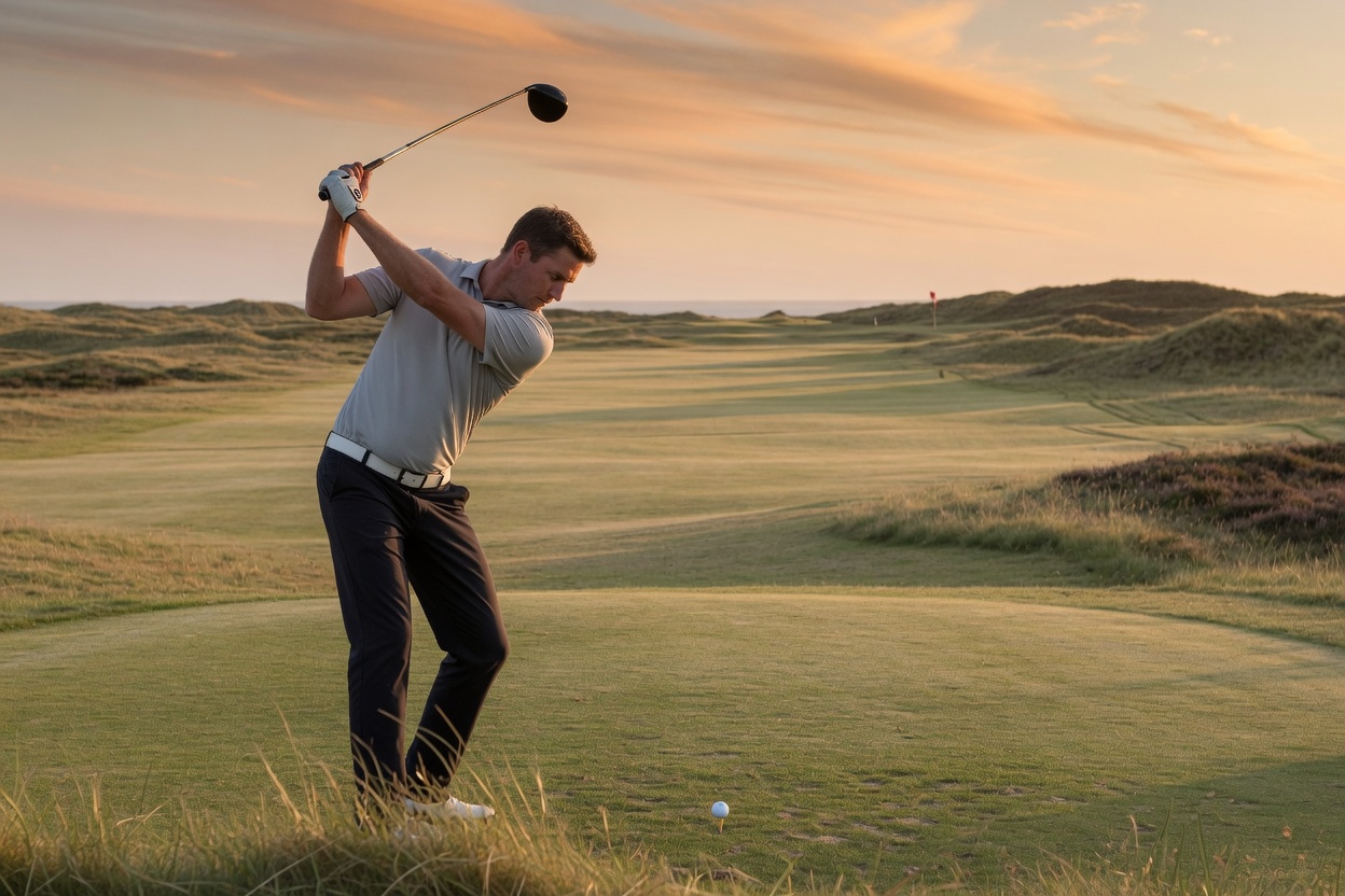 Golfer at the top of a powerful driver swing